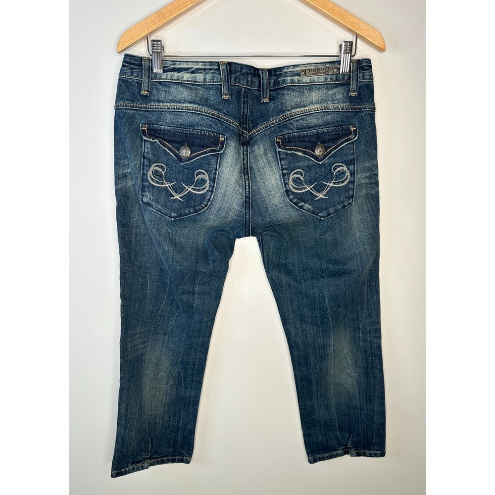 New ReRock x Express Y2K Low Rise Capri Jeans Size 10 Blue Embroider Flap Pocket - Picture 2 of 16